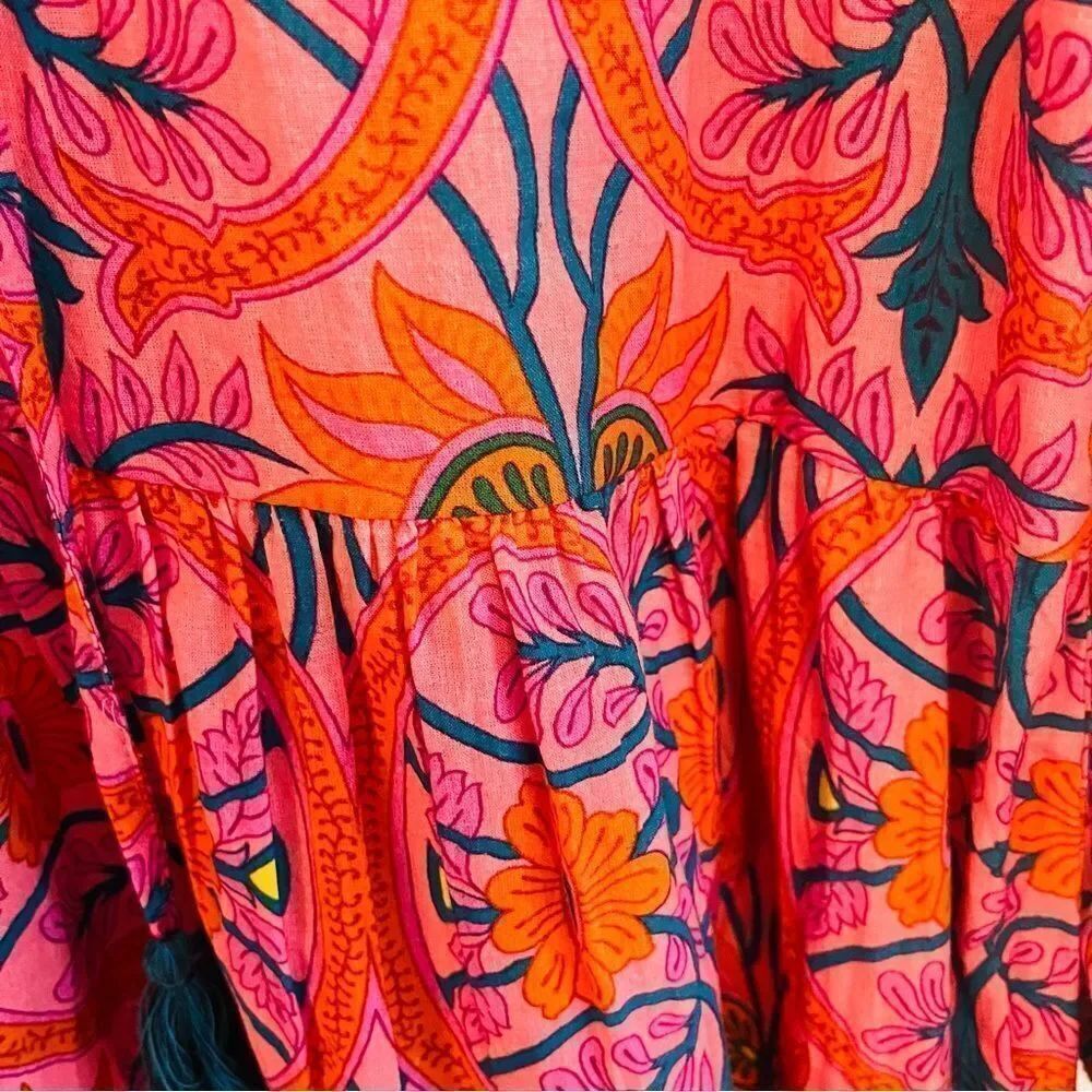 KING + PITT Pink Orange Floral Boho Tiered Dress Size Large - Picture 8 of 14